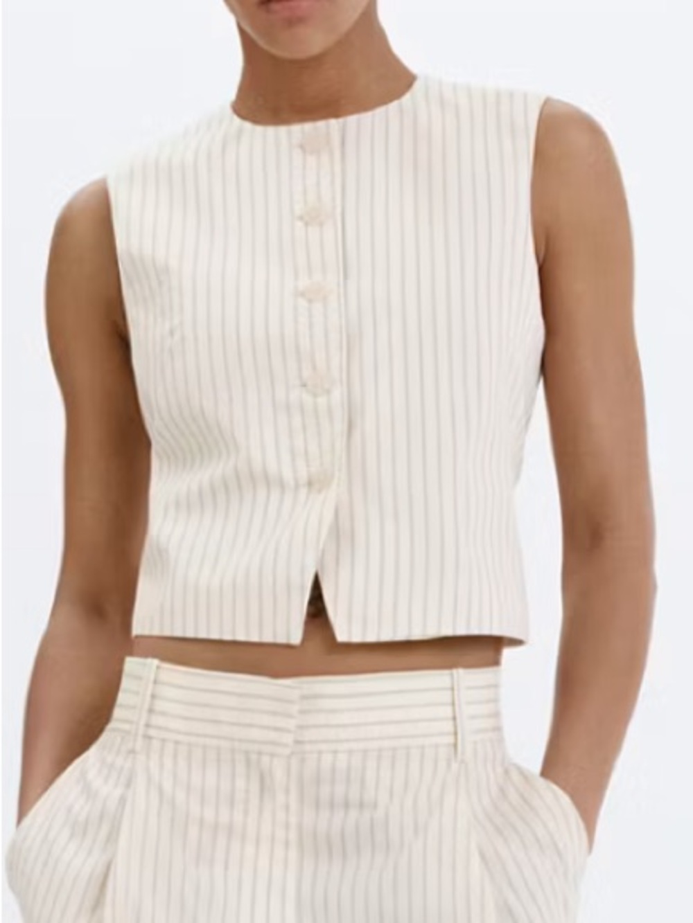 Mango Cream Pinstripe Button-Front Sleeveless Top PINSTRIPE OPEN-BACK VEST 1417